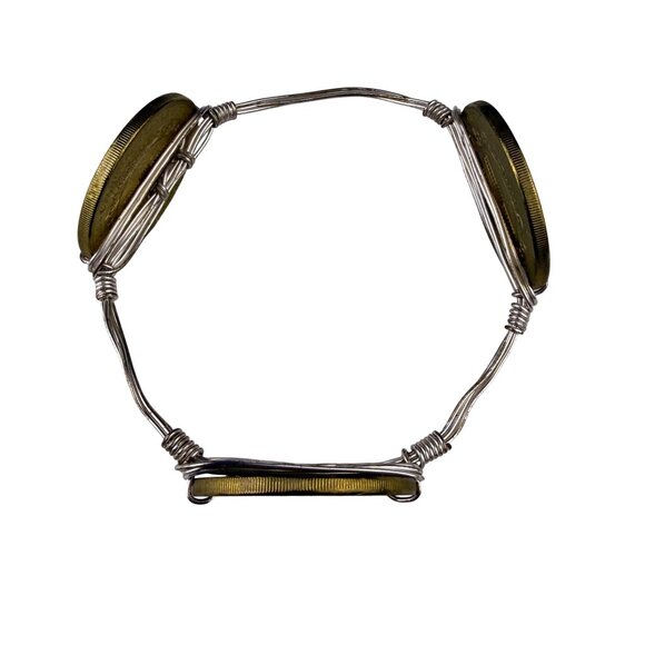 Gold Tone Religious Medallion Coin Bracelet Wire Wrapped Adjustable Handmade - Picture 5 of 6